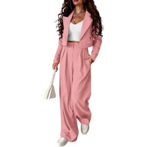 PRETTYGARDEN Women’s 2 Piece Casual Outfits Cropped Blazer Jackets High Waisted Wide Leg Work Pants Suit Set(Light Pink)