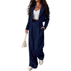 PRETTYGARDEN Women’s 2 Piece Casual Outfits Cropped Blazer Jackets High Waisted Wide Leg Work Pants Suit Set(Navy)