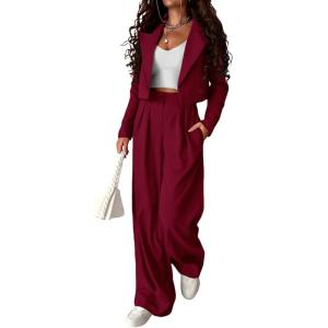 PRETTYGARDEN Women’s 2 Piece Casual Outfits Cropped Blazer Jackets High Waisted Wide Leg Work Pants Suit Set(Wine Red)