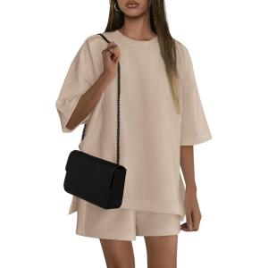PRETTYGARDEN Women’s 2 Piece Lounge Sets 2025 Summer Short Sleeve Tunic Tops Drawstring Shorts Matching Outfits Tracksuits(Beige)
