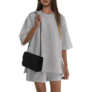 PRETTYGARDEN Women’s 2 Piece Lounge Sets 2025 Summer Short Sleeve Tunic Tops Drawstring Shorts Matching Outfits Tracksuits(Grey)