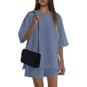 PRETTYGARDEN Women’s 2 Piece Lounge Sets 2025 Summer Short Sleeve Tunic Tops Drawstring Shorts Matching Outfits Tracksuits(Grey Blue)