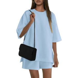 PRETTYGARDEN Women’s 2 Piece Lounge Sets 2025 Summer Short Sleeve Tunic Tops Drawstring Shorts Matching Outfits Tracksuits(Light Blue)