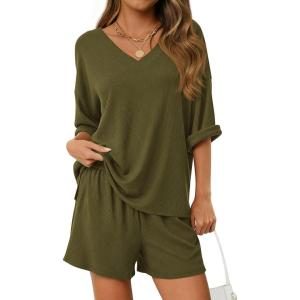 PRETTYGARDEN Womens 2 Piece Sets 2026 Oversized Vneck Half Sleeve Tops Shorts Lounge Set Casual Summer Travel Beach Outfits(Army Green)