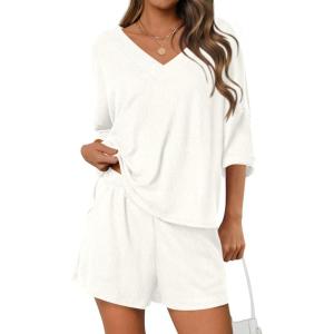 PRETTYGARDEN Womens 2 Piece Sets 2026 Oversized Vneck Half Sleeve Tops Shorts Lounge Set Casual Summer Travel Beach Outfits(Beige White)