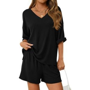 PRETTYGARDEN Womens 2 Piece Sets 2026 Oversized Vneck Half Sleeve Tops Shorts Lounge Set Casual Summer Travel Beach Outfits(Black)