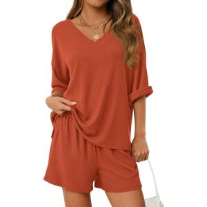 PRETTYGARDEN Womens 2 Piece Sets 2026 Oversized Vneck Half Sleeve Tops Shorts Lounge Set Casual Summer Travel Beach Outfits(Burnt Orange)