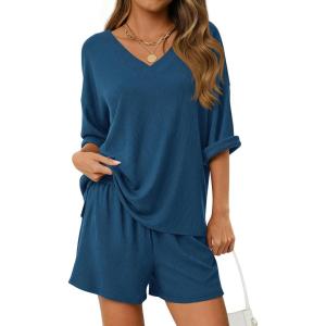 PRETTYGARDEN Womens 2 Piece Sets 2026 Oversized Vneck Half Sleeve Tops Shorts Lounge Set Casual Summer Travel Beach Outfits(Dark Blue)