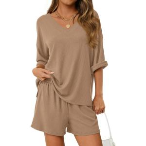 PRETTYGARDEN Womens 2 Piece Sets 2026 Oversized Vneck Half Sleeve Tops Shorts Lounge Set Casual Summer Travel Beach Outfits(Khaki)