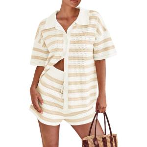 PRETTYGARDEN Women’s 2 Piece Shorts Sets Casual Summer 2025 Short Sleeve Striped Sweater Set Matching Beach Vacation Outfit(Apricot)