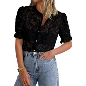PRETTYGARDEN Womens 2025 Spring Lace Tops Short Puff Sleeve Casual Dressy Blouses Eyelet Crew Neck Button Down Shirts(Black)