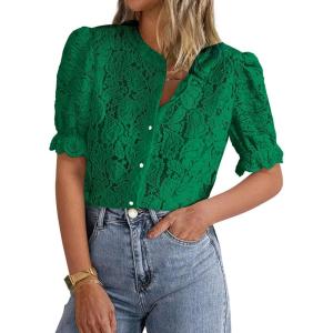 PRETTYGARDEN Womens 2025 Spring Lace Tops Short Puff Sleeve Casual Dressy Blouses Eyelet Crew Neck Button Down Shirts(Dark Green)