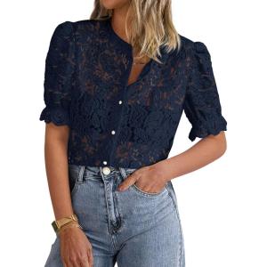 PRETTYGARDEN Womens 2025 Spring Lace Tops Short Puff Sleeve Casual Dressy Blouses Eyelet Crew Neck Button Down Shirts(Navy)