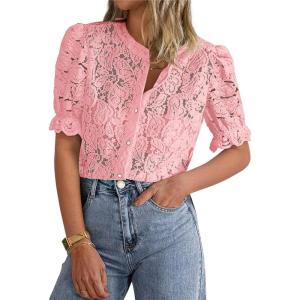 PRETTYGARDEN Womens 2025 Spring Lace Tops Short Puff Sleeve Casual Dressy Blouses Eyelet Crew Neck Button Down Shirts(Pink)