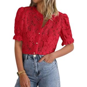 PRETTYGARDEN Womens 2025 Spring Lace Tops Short Puff Sleeve Casual Dressy Blouses Eyelet Crew Neck Button Down Shirts(Red)