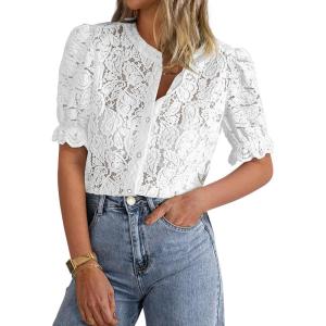PRETTYGARDEN Womens 2025 Spring Lace Tops Short Puff Sleeve Casual Dressy Blouses Eyelet Crew Neck Button Down Shirts(White)