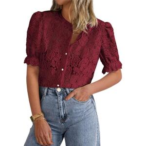 PRETTYGARDEN Womens 2025 Spring Lace Tops Short Puff Sleeve Casual Dressy Blouses Eyelet Crew Neck Button Down Shirts(Wine Red)
