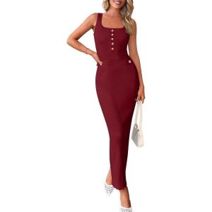 PRETTYGARDEN Women’s 2025 Summer Bodycon Maxi Dresses Sleeveless Buttons Knit Spring Elegant Wedding Guest Cocktail Dress(Wine Red)