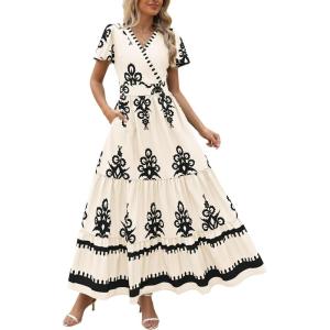 PRETTYGARDEN Womens 2025 Summer Casual V Neck Boho Maxi Dress Flowy Aline Bell Sleeve Tiered Floral Dresses with Pocket(Floral Apricot Black)