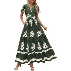 PRETTYGARDEN Womens 2025 Summer Casual V Neck Boho Maxi Dress Flowy Aline Bell Sleeve Tiered Floral Dresses with Pocket(Floral Army Green White)