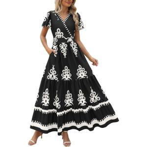 PRETTYGARDEN Womens 2025 Summer Casual V Neck Boho Maxi Dress Flowy Aline Bell Sleeve Tiered Floral Dresses with Pocket(Floral Black White)