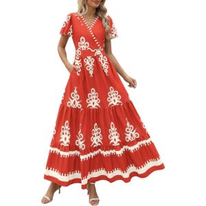 PRETTYGARDEN Womens 2025 Summer Casual V Neck Boho Maxi Dress Flowy Aline Bell Sleeve Tiered Floral Dresses with Pocket(Floral Brick Red White)