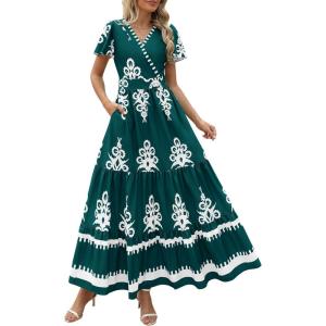 PRETTYGARDEN Womens 2025 Summer Casual V Neck Boho Maxi Dress Flowy Aline Bell Sleeve Tiered Floral Dresses with Pocket(Floral Dark Green White)