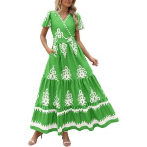 PRETTYGARDEN Womens 2025 Summer Casual V Neck Boho Maxi Dress Flowy Aline Bell Sleeve Tiered Floral Dresses with Pocket(Floral Green White)