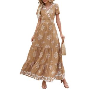 PRETTYGARDEN Womens 2025 Summer Casual V Neck Boho Maxi Dress Flowy Aline Bell Sleeve Tiered Floral Dresses with Pocket(Floral Khaki White)
