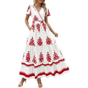 PRETTYGARDEN Womens 2025 Summer Casual V Neck Boho Maxi Dress Flowy Aline Bell Sleeve Tiered Floral Dresses with Pocket(Floral Light Apricot Orange)