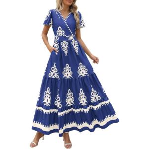 PRETTYGARDEN Womens 2025 Summer Casual V Neck Boho Maxi Dress Flowy Aline Bell Sleeve Tiered Floral Dresses with Pocket(Floral Navy White)