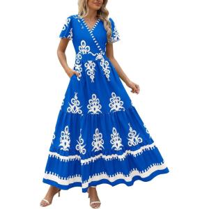 PRETTYGARDEN Womens 2025 Summer Casual V Neck Boho Maxi Dress Flowy Aline Bell Sleeve Tiered Floral Dresses with Pocket(Floral Royal Blue White)
