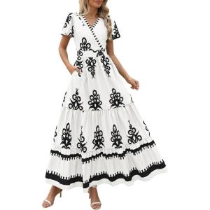 PRETTYGARDEN Womens 2025 Summer Casual V Neck Boho Maxi Dress Flowy Aline Bell Sleeve Tiered Floral Dresses with Pocket(Floral White Black)