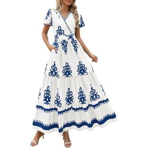 PRETTYGARDEN Womens 2025 Summer Casual V Neck Boho Maxi Dress Flowy Aline Bell Sleeve Tiered Floral Dresses with Pocket(Floral White Blue)