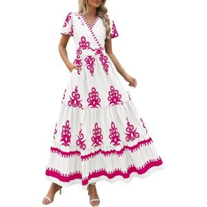 PRETTYGARDEN Womens 2025 Summer Casual V Neck Boho Maxi Dress Flowy Aline Bell Sleeve Tiered Floral Dresses with Pocket(Floral White Rose Red)