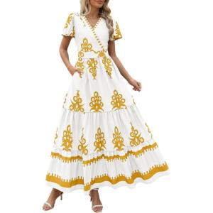 PRETTYGARDEN Womens 2025 Summer Casual V Neck Boho Maxi Dress Flowy Aline Bell Sleeve Tiered Floral Dresses with Pocket(Floral White Yellow)