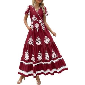 PRETTYGARDEN Womens 2025 Summer Casual V Neck Boho Maxi Dress Flowy Aline Bell Sleeve Tiered Floral Dresses with Pocket(Floral Wine Red White)