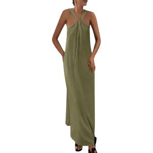 PRETTYGARDEN Womens 2026 Casual Long Summer Dresses Sleeveless Strappy Loose Flowy Beach Vacation Maxi Dress with Pockets(Army Green)
