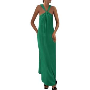 PRETTYGARDEN Womens 2026 Casual Long Summer Dresses Sleeveless Strappy Loose Flowy Beach Vacation Maxi Dress with Pockets(Dark Green)