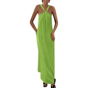 PRETTYGARDEN Womens 2026 Casual Long Summer Dresses Sleeveless Strappy Loose Flowy Beach Vacation Maxi Dress with Pockets(Green)