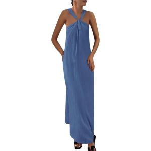 PRETTYGARDEN Womens 2026 Casual Long Summer Dresses Sleeveless Strappy Loose Flowy Beach Vacation Maxi Dress with Pockets(Grey Blue)