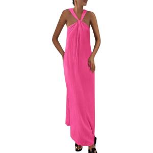 PRETTYGARDEN Womens 2026 Casual Long Summer Dresses Sleeveless Strappy Loose Flowy Beach Vacation Maxi Dress with Pockets(Rose Pink)