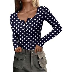 PRETTYGARDEN Women’s 2026 Fall Long Sleeve Henley T Shirts Button Ribbed Knit Slim Fit Basic Tops Blouse Casual Outfits(01 Polka Dot Navy White)