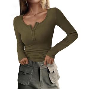 PRETTYGARDEN Women’s 2026 Fall Long Sleeve Henley T Shirts Button Ribbed Knit Slim Fit Basic Tops Blouse Casual Outfits(Army Green)
