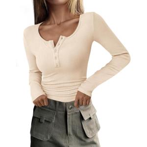 PRETTYGARDEN Women’s 2026 Fall Long Sleeve Henley T Shirts Button Ribbed Knit Slim Fit Basic Tops Blouse Casual Outfits(Beige)