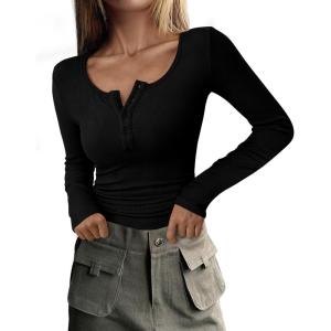 PRETTYGARDEN Women’s 2026 Fall Long Sleeve Henley T Shirts Button Ribbed Knit Slim Fit Basic Tops Blouse Casual Outfits(Black)
