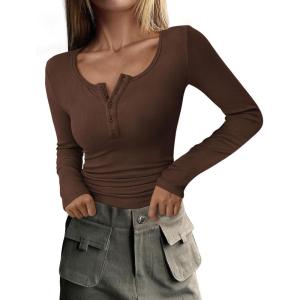 PRETTYGARDEN Women’s 2026 Fall Long Sleeve Henley T Shirts Button Ribbed Knit Slim Fit Basic Tops Blouse Casual Outfits(Coffee)