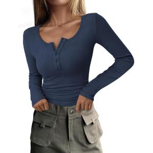 PRETTYGARDEN Women’s 2026 Fall Long Sleeve Henley T Shirts Button Ribbed Knit Slim Fit Basic Tops Blouse Casual Outfits(Dark Blue)