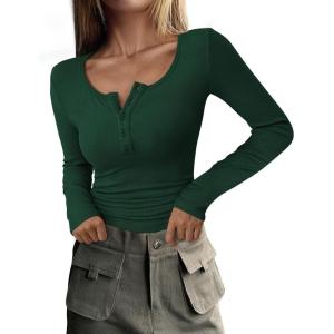 PRETTYGARDEN Women’s 2026 Fall Long Sleeve Henley T Shirts Button Ribbed Knit Slim Fit Basic Tops Blouse Casual Outfits(Dark Green)