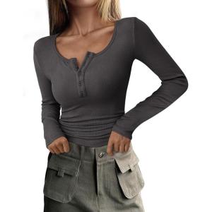 PRETTYGARDEN Women’s 2026 Fall Long Sleeve Henley T Shirts Button Ribbed Knit Slim Fit Basic Tops Blouse Casual Outfits(Dark Grey)